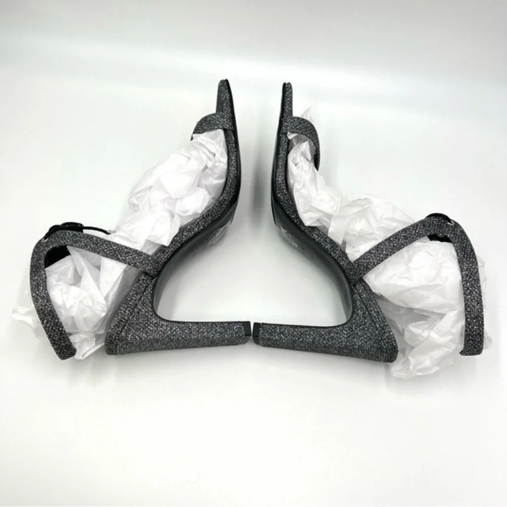 Nine West Size 6.5 Black Silver Sparkly‎ Square Toe Dress Sandals Heels Shoes